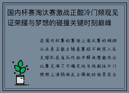 国内杯赛淘汰赛激战正酣冷门频现见证荣耀与梦想的碰撞关键时刻巅峰 国内杯赛淘汰赛激战正酣冷门频现见证荣耀与梦想的碰撞关键时刻巅峰